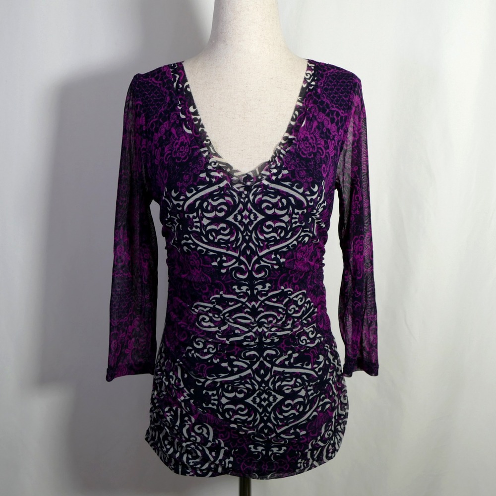 INC Womens Y2K Fairy Grunge Whimsigoth Mesh Top Size M Petite Sheer Ruched Rave
